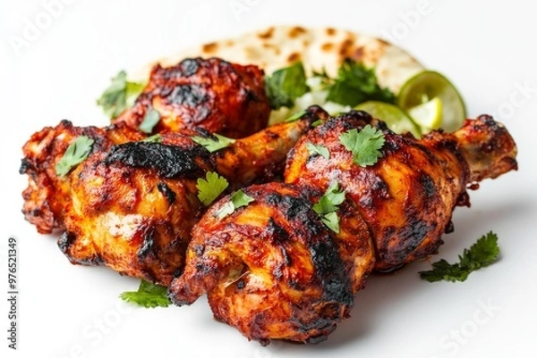Fototapeta Tandoori Chicken, Chicken marinated in yogurt and a blend of spices, then cooked in a tandoor (clay oven) until charred and smoky, often served with naan and salad. isolated on white background