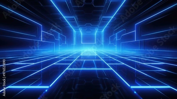 Fototapeta Abstract glowing blue lines on a black background, forming a digital tunnel.