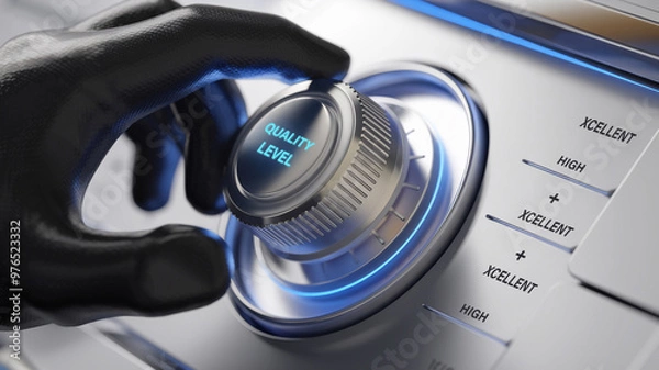 Fototapeta Close-up of a person adjusting a modern control dial for quality level, with blue LED lights highlighting the sleek design.