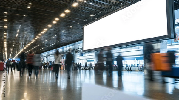 Fototapeta A busy airport terminal with blurred figures walking past a large blank advertising screen, capturing the essence of travel and movement.