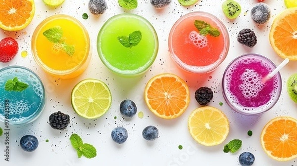 Fototapeta Colorful Fruit Juices and Fresh Ingredients Flat Lay