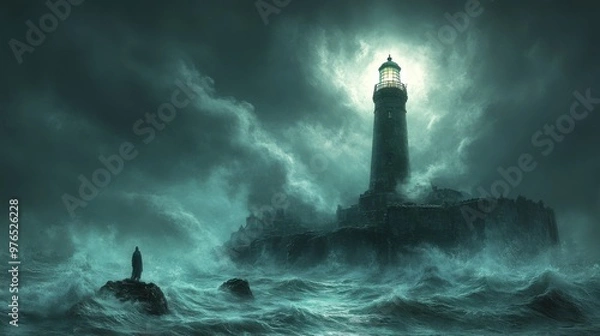 Fototapeta Eerie Haunted Lighthouse: Ghostly Figure at Cliff's Edge under Moonlit Sky