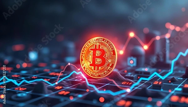 Fototapeta Bitcoin blockchain token rising in the digital market, showcasing the power of cryptocurrency and modern online networks against a blue, futuristic city backdrop