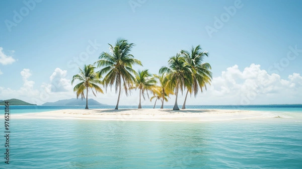 Fototapeta Serene tropical island with palm trees surrounded by clear turquoise ocean and bright blue sky, providing a tranquil and picturesque summer paradise.