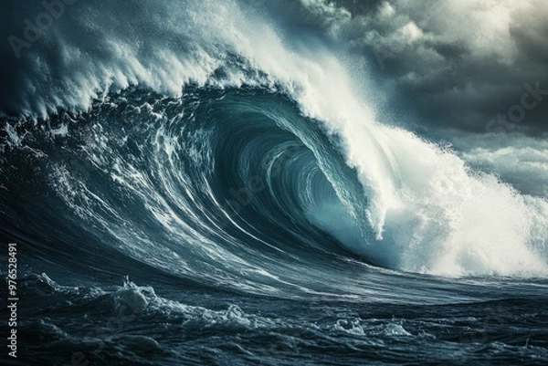 Fototapeta powerful wave crashes dramatically on the shore, capturing the energy and beauty of the ocean. This image symbolizes nature's force, resilience, and the exhilarating spirit of surfing , ai