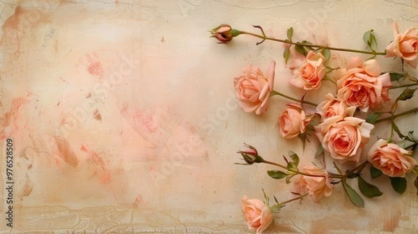 Fototapeta Vintage floral grunge backdrop, intricate rose patterns blend with aged textures, creating a romantic and nostalgic ambiance perfect for artistic projects.