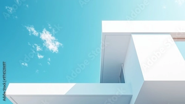 Fototapeta Simple minimal style modern white building and blue sky, bottom view