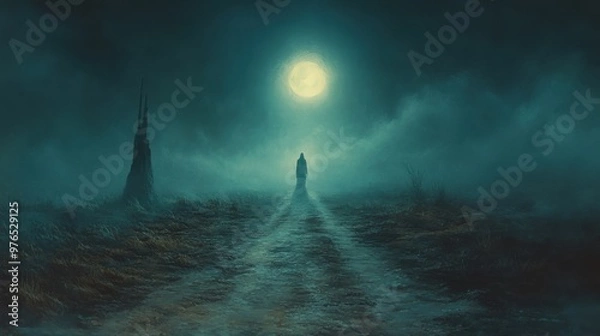 Fototapeta Haunting Specter Hovering over Desolate Country Road on Moonlit Night