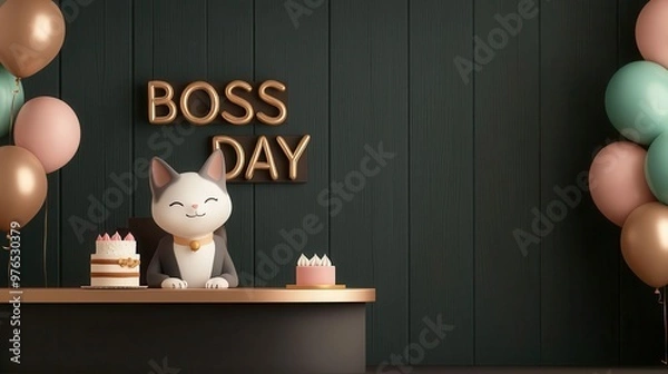 Fototapeta Feline boss sitting at a desk with a Best Boss sign on the wall, balloons and cake, 3D illustration