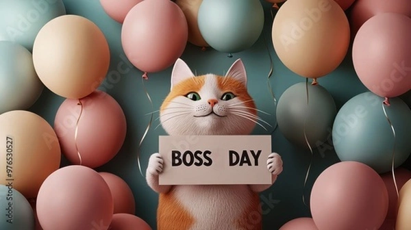 Obraz Office cat holding Happy Boss Day sign, surrounded by balloons, 3D illustration