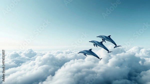 Obraz A stunning scene of dolphins gracefully leaping above the clouds, showcasing their playful spirit and harmony with nature.