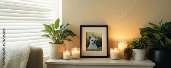 Fototapeta A cozy interior setup featuring candles, plants, and a framed photo, perfect for creating a warm and inviting atmosphere.