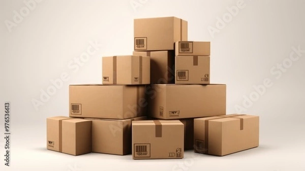 Fototapeta A pile of cardboard boxes, some taped shut, on a plain background.