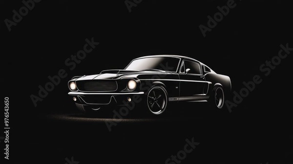 Obraz A black car is parked in the dark. The car is a classic and has a vintage look