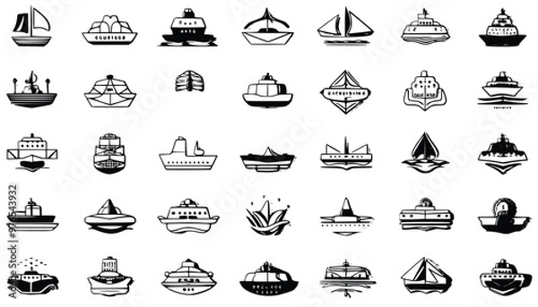 Fototapeta List of different type of ships, and boats icon set. Vector illustration. 