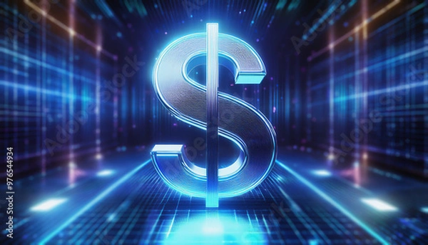 Fototapeta 青い金属光沢のアメリカドルのマーク。青く光る線のサイバー空間の背景。