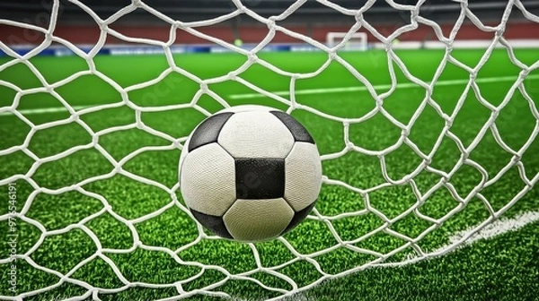Fototapeta Soccer ball going into goal, net, in a sports stadium