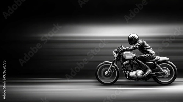 Fototapeta A man is riding a motorcycle on a road. The image is in black and white and has a moody, dramatic feel to it