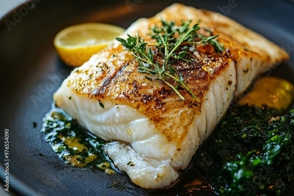 Fototapeta Barramundi, A type of fish native to Australian waters, often grilled, baked, or fried, and served with a variety of sauces and sides.