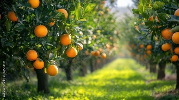 Fototapeta Ripe Orange Fruit Hanging on a Tree Branch in a Lush Orchard.