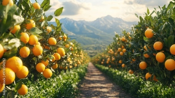 Fototapeta Orange Trees in a Row with Mountain View.