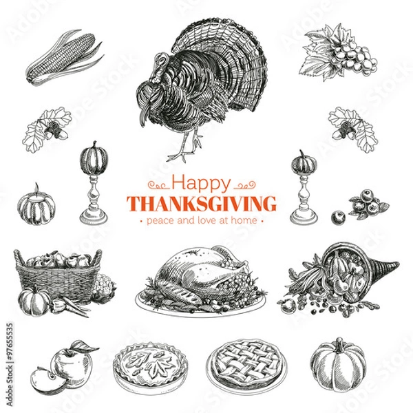 Obraz Vector hand drawn Thanksgiving set.