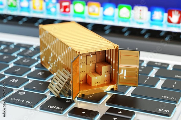Obraz E-commerce, dostawa paczek, usługi spedycyjne i koncepcja transportu ładunków, otwarty kontener ładunkowy pełen pudeł kartonowych na widok zbliżenie klawiatury laptopa komputera