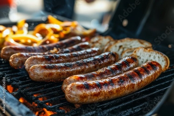 Fototapeta Sausage Sizzle, A typical Australian barbecue featuring sausages cooked on a grill