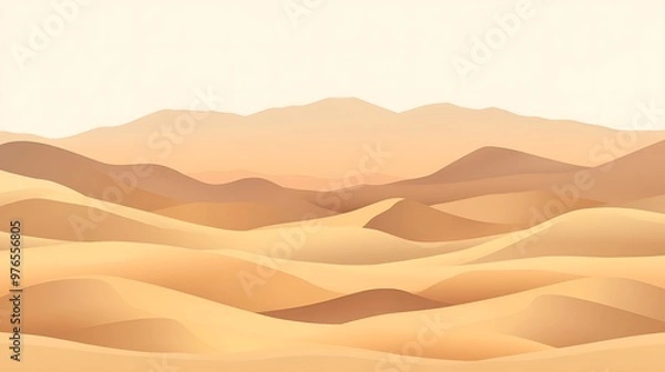 Fototapeta A Detailed Illustration of Rolling Sand Dunes Against a Mountainous Backdrop Under a Clear Sky