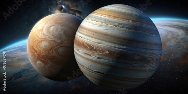 Obraz render of Europa moon orbiting Jupiter planet in outer space, Europa, moon, Jupiter, planet