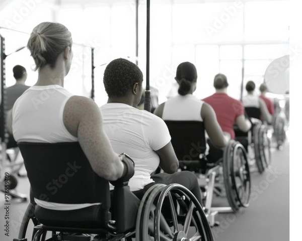 Fototapeta Inclusive Fitness Training Session with Mixed-Ability Athletes Using Wheelchairs in Modern Gym Setting