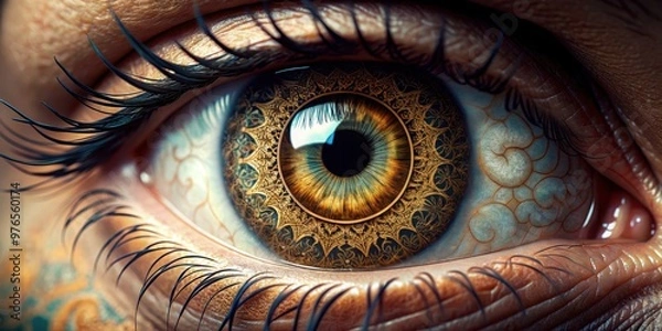 Fototapeta Close up of detailed human eye with intricate patterns and reflections, eye, vision, close-up, macro, pupil, iris