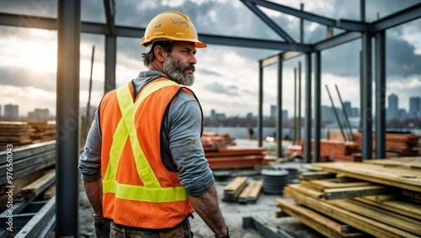 Fototapeta Construction worker in a yellow helmet overlooks a building site.