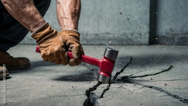 Fototapeta Worker in gloves uses a red hammer to crack a concrete surface.