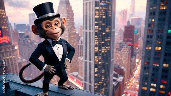 Fototapeta A sophisticated monkey in a tuxedo posing atop a city skyscraper.