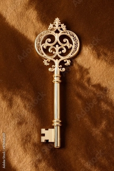 Fototapeta An ornate golden key against a textured brown backdrop.