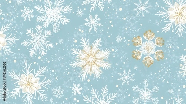 Fototapeta Elegant Winter Snowflakes Pattern on Light Blue Background with Golden Accents