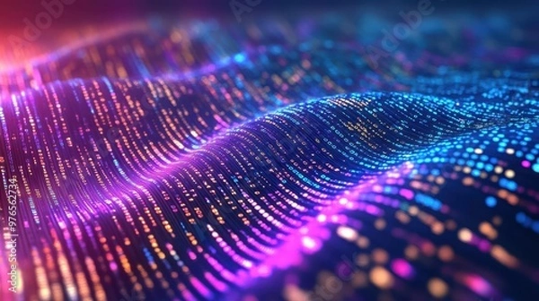 Fototapeta Vibrant waves of binary code flowing like a river, bright digital wallpaper with technology focus