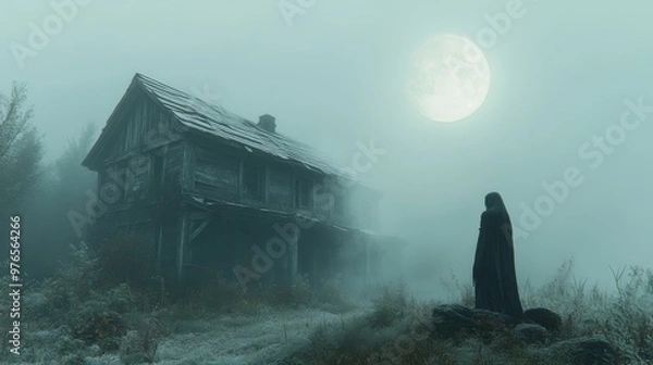 Fototapeta Mysterious Ghostly Figure at Abandoned Building Entrance in Moonlit Fog