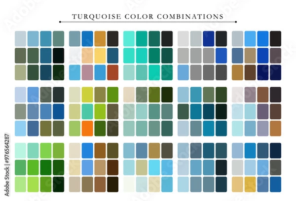 Fototapeta Turquoise color palette. Trend color palette guide template. Fit for fashion designers, business, and paints colors company. Match combinations. Vector graphics. Eps 10.