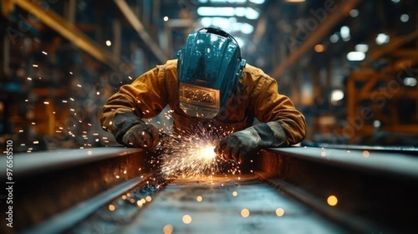 Fototapeta Industrial Night Shift - Moody Factory Worker Welding Steel Beams With Sparks Flying in Dark Workshop | High Contrast Photography with Leica M10 35mm Lens