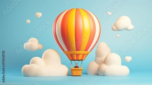 Obraz A colorful hot air balloon floats in a blue sky surrounded by white clouds and hearts.