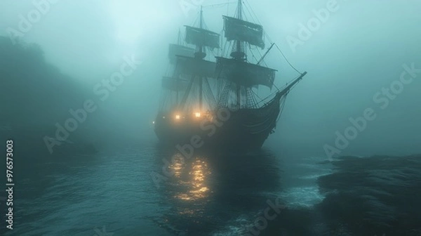 Fototapeta Ghostly Pirate Ship Sailing in Foggy Night - Hyperrealistic 3D Rendered Scene with Eerie Vibe