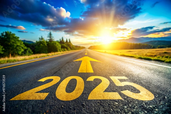 Fototapeta Road to 2025:  asphalt road with yellow arrow and "2025" painted on it, leading towards a bright sunset.