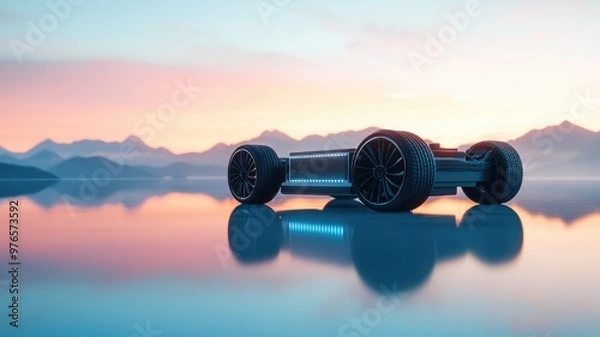 Fototapeta Sleek autonomous vehicle on reflective surface with mountain backdrop at dusk