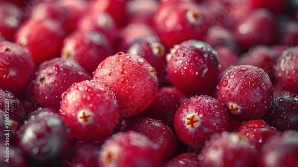 Fototapeta Close-up of fresh, red cranberries with water droplets.