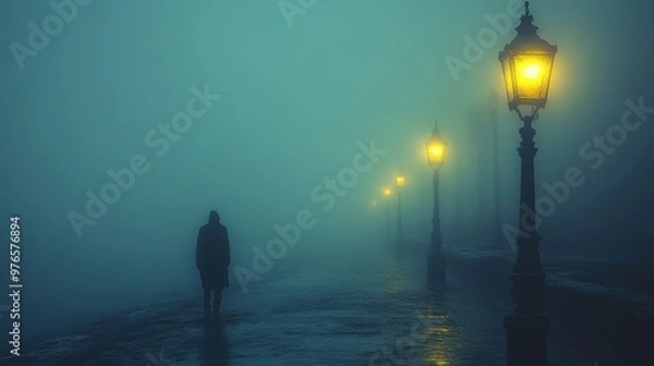 Fototapeta Eerie Ghostly Figure Drifting Through Fog-Covered Street with Haunting Atmosphere