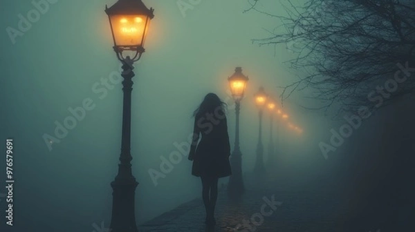 Fototapeta Ghostly Figure Drifting Through Foggy Street at Night, Eerie and Haunting Urban Scene