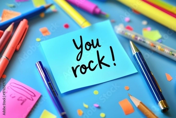 Fototapeta Bright Sticky Note with "You Rock!" Surrounded by Colorful Pens and Confetti. Motivational scene perfect for encouragement or celebration.