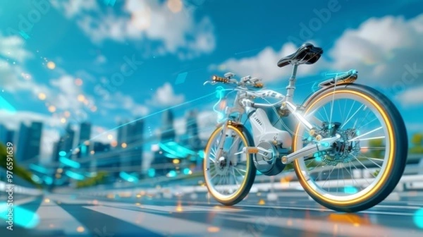 Fototapeta Futuristic bicycle with advanced AI and self-balancing technology, cruising through a modern cityscape with green energy sources and innovative urban design, showcasing the future of cycling